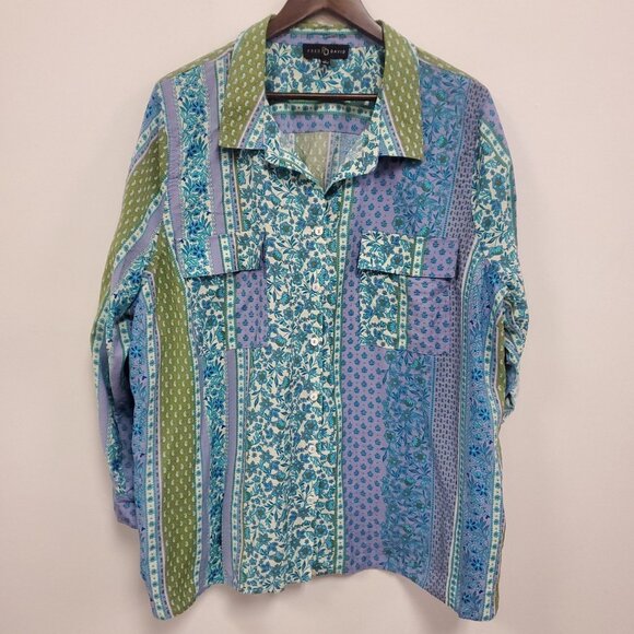 Fred David Womens Button Up Patchwork Top Size 3X Blue Bohemian Floral Artsy - Picture 1 of 10